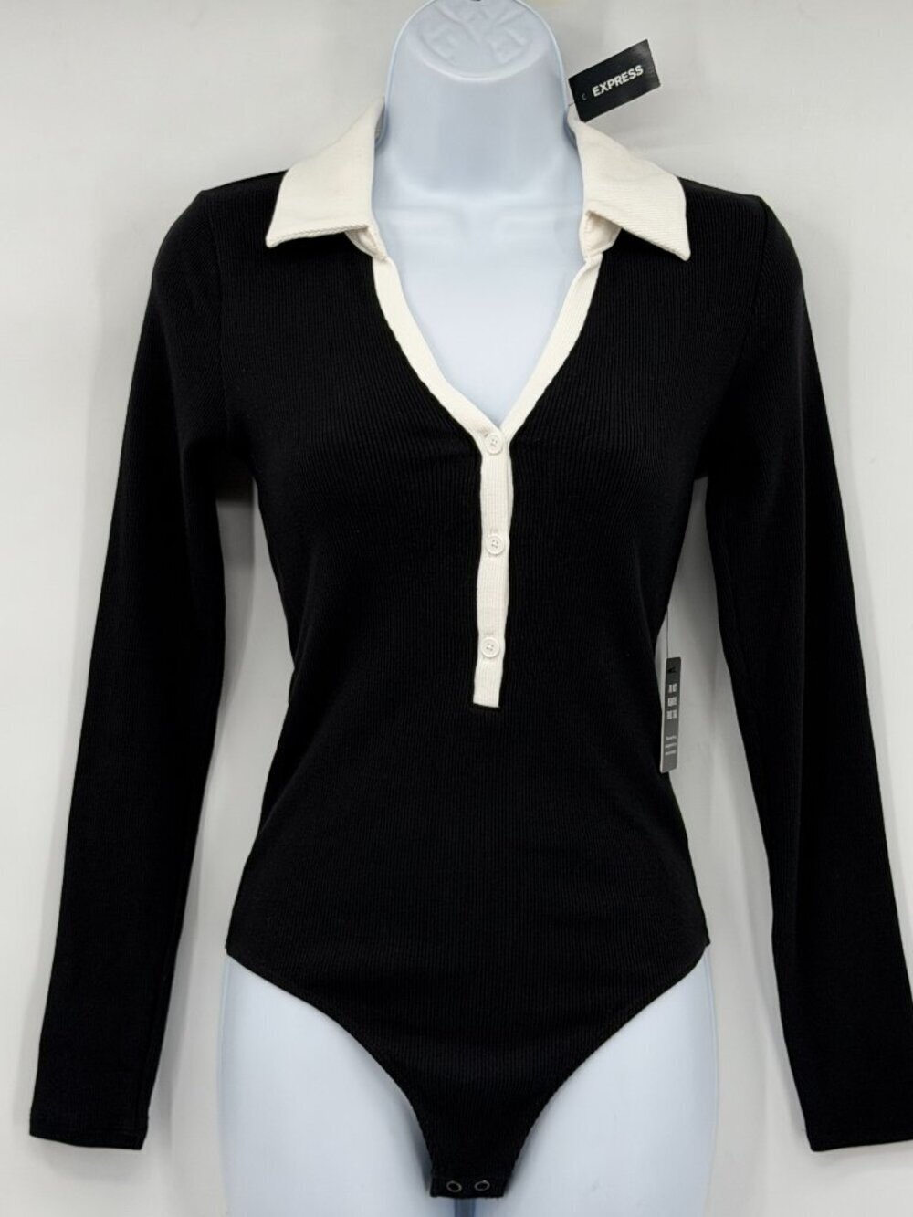 Express ribbed bodysuit in black with contrast ivory collar Women's XS NWT